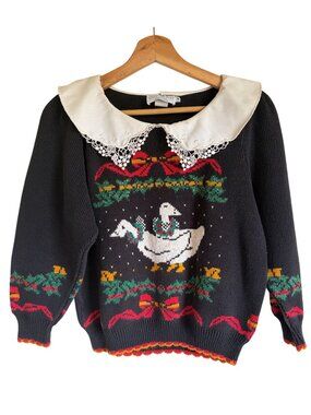 Vintage Sweater Loft Duck Goose Christmas Sweater 90s Lace Collar Made in USA Si